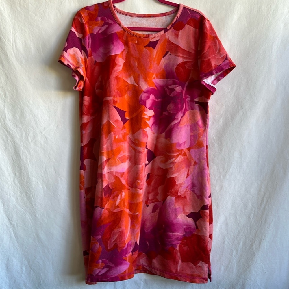 T by Talbots pink and orange print short sleeve dress, size L